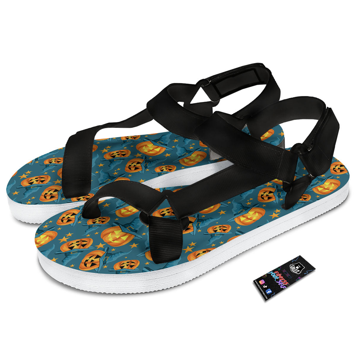 Witch Hat Pumpkin Print Pattern Black Open Toe Sandals-grizzshop