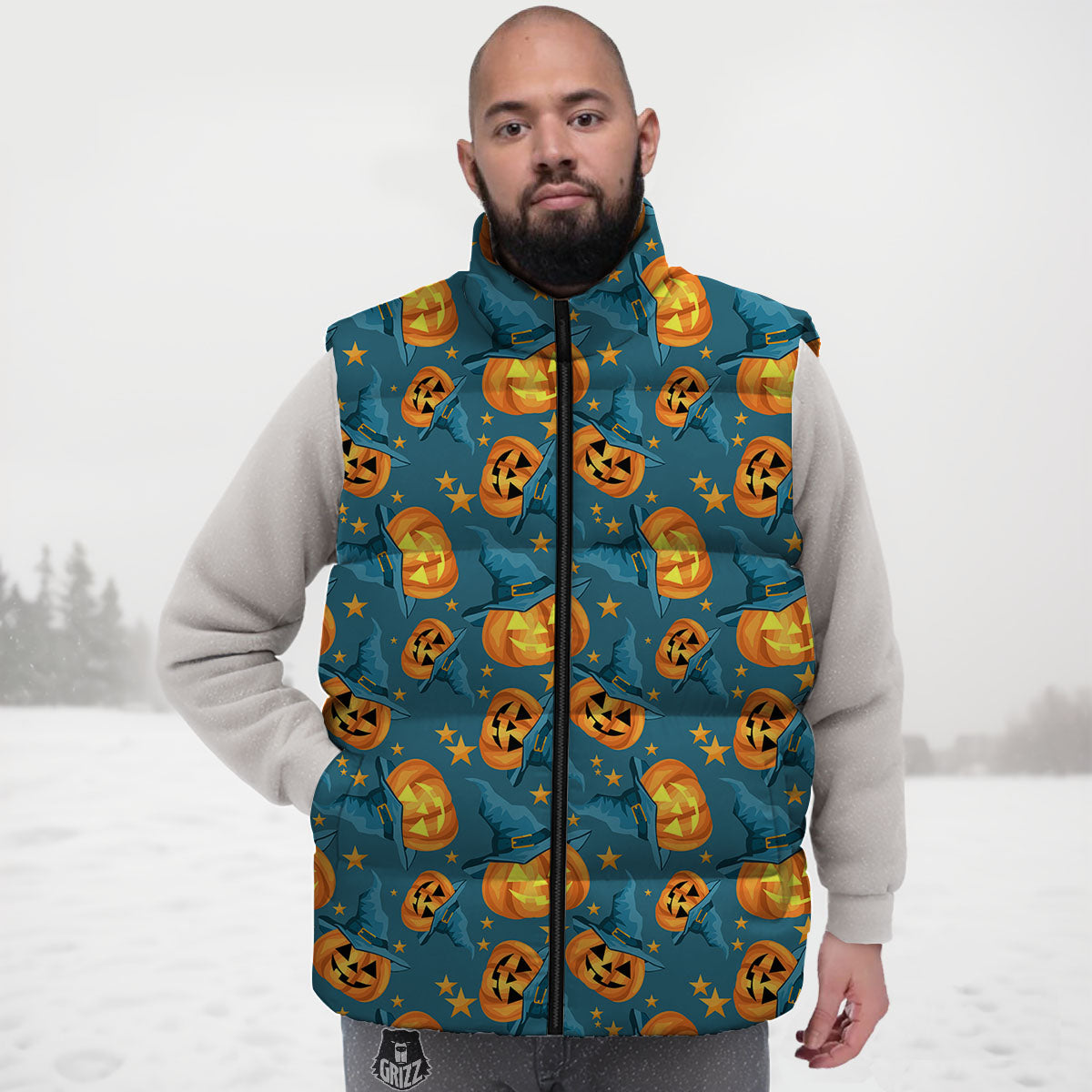 Witch Hat Pumpkin Print Pattern Down Vest