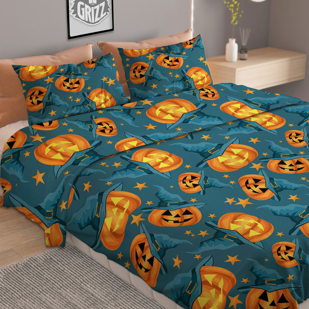 Witch Hat Pumpkin Print Pattern Duvet Cover Bedding Set