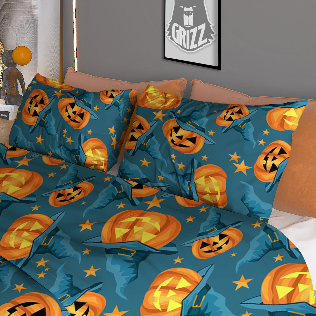 Witch Hat Pumpkin Print Pattern Duvet Cover Bedding Set