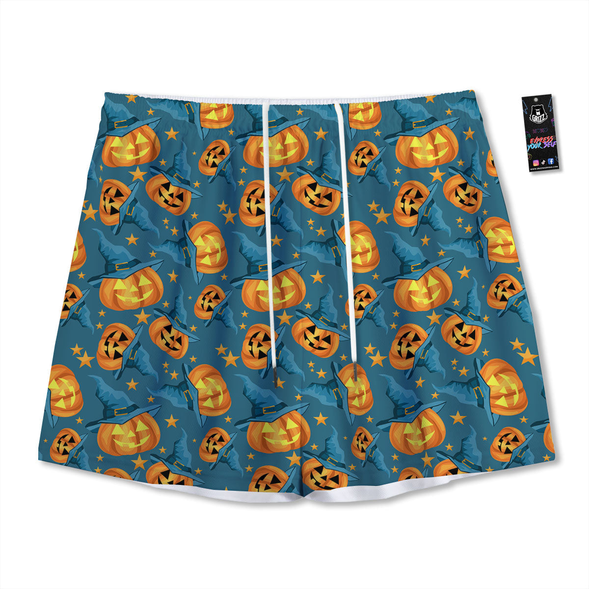 Witch Hat Pumpkin Print Pattern Mesh Shorts