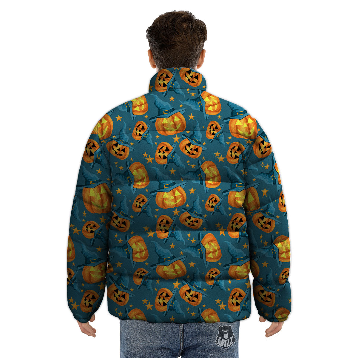 Witch Hat Pumpkin Print Pattern Puffer Jacket-grizzshop