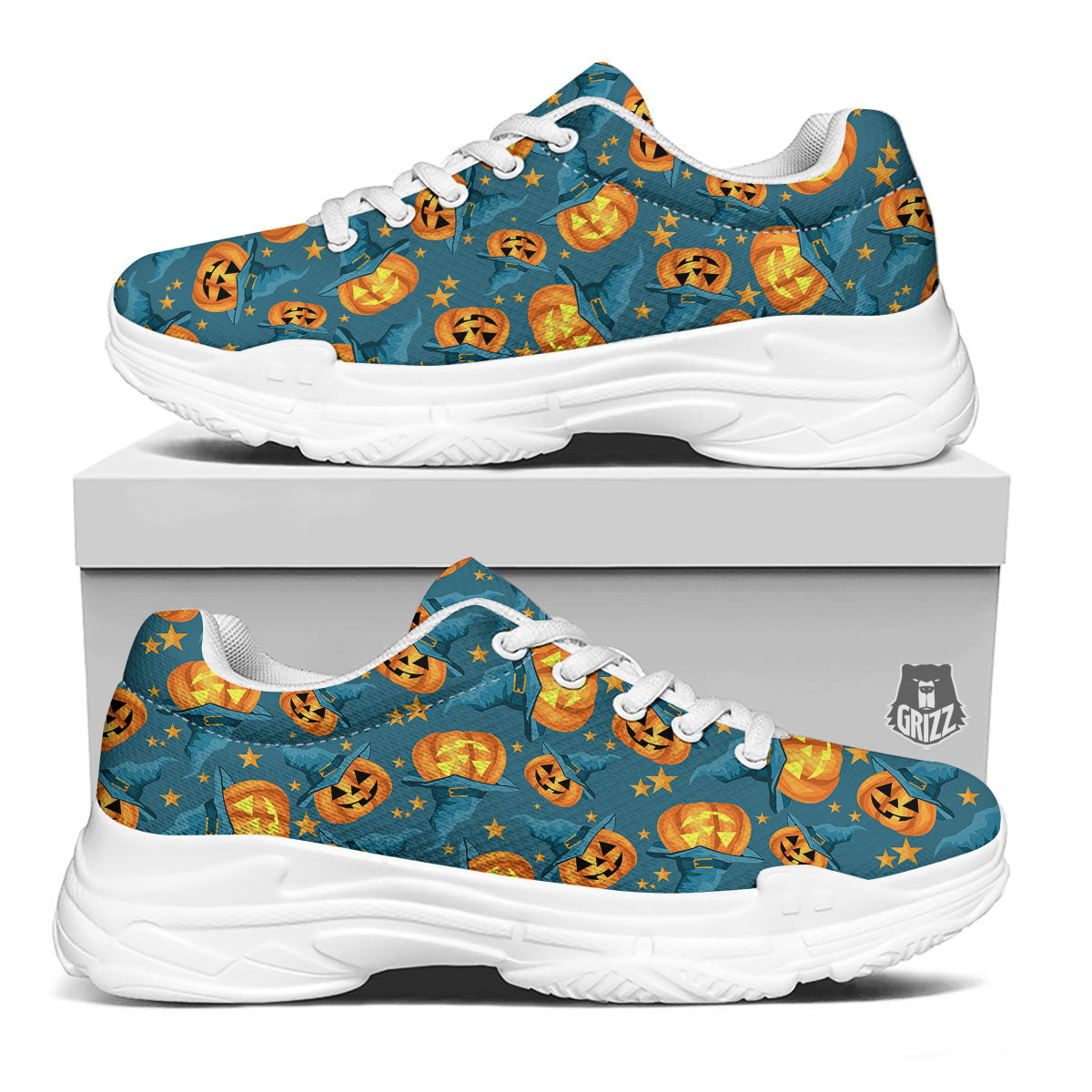 Witch Hat Pumpkin Print Pattern White Chunky Shoes-grizzshop