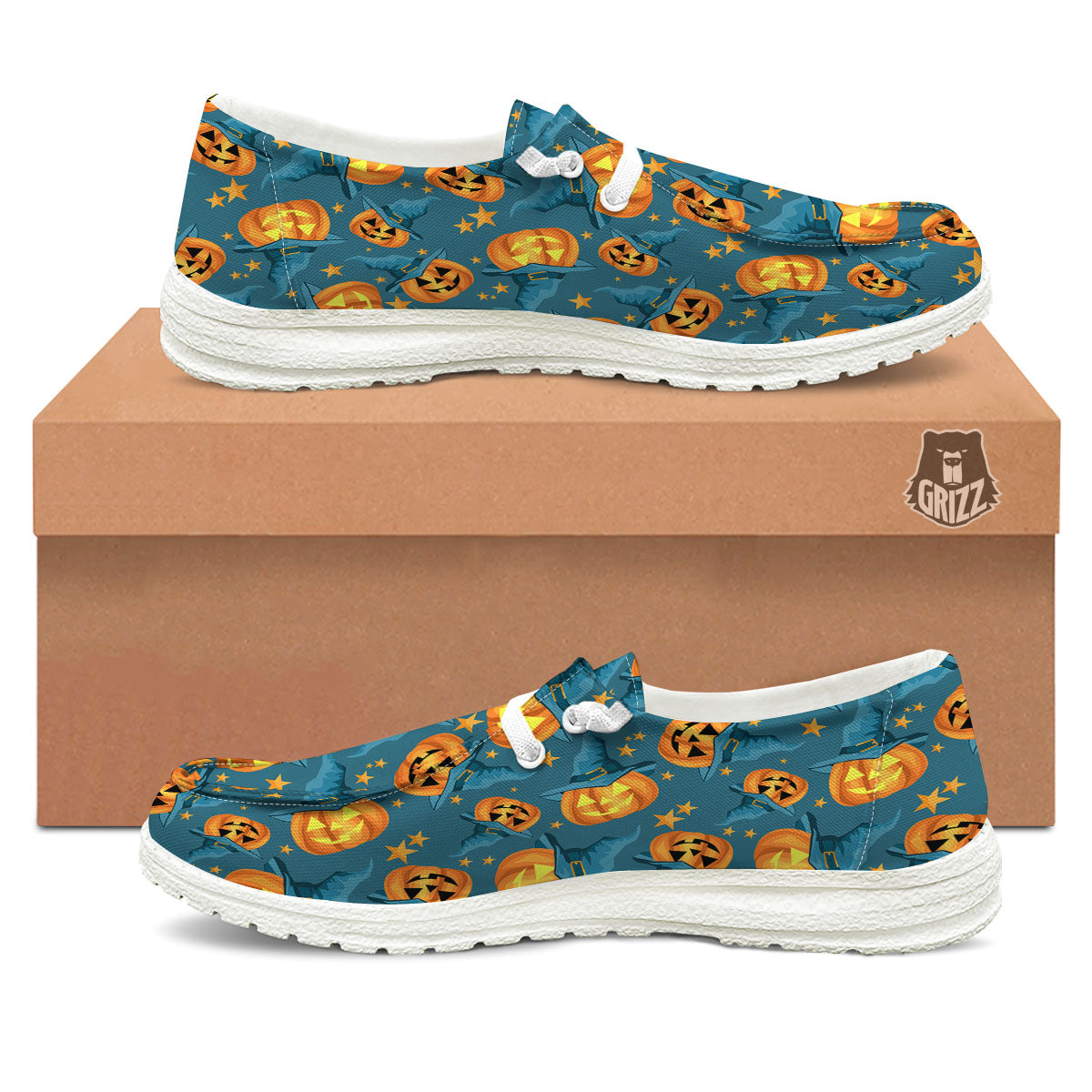 Witch Hat Pumpkin Print Pattern White Loafers-grizzshop