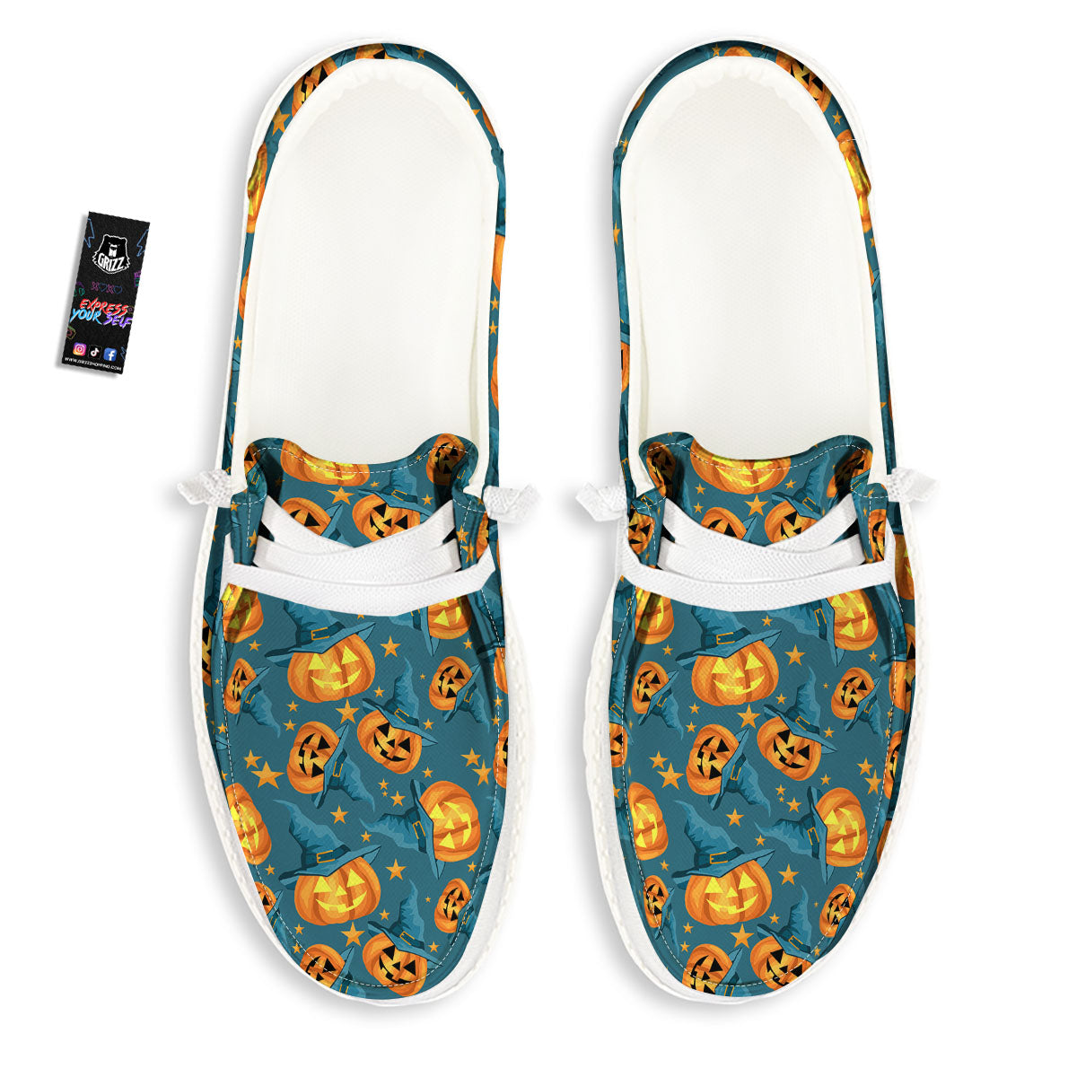 Witch Hat Pumpkin Print Pattern White Loafers-grizzshop