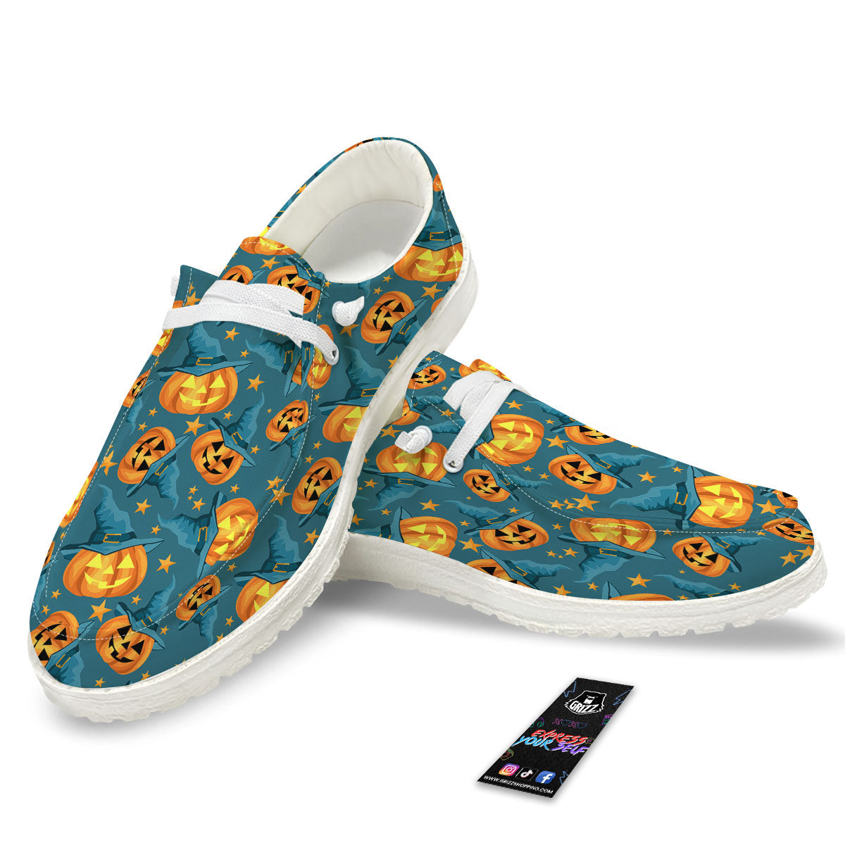 Witch Hat Pumpkin Print Pattern White Loafers-grizzshop