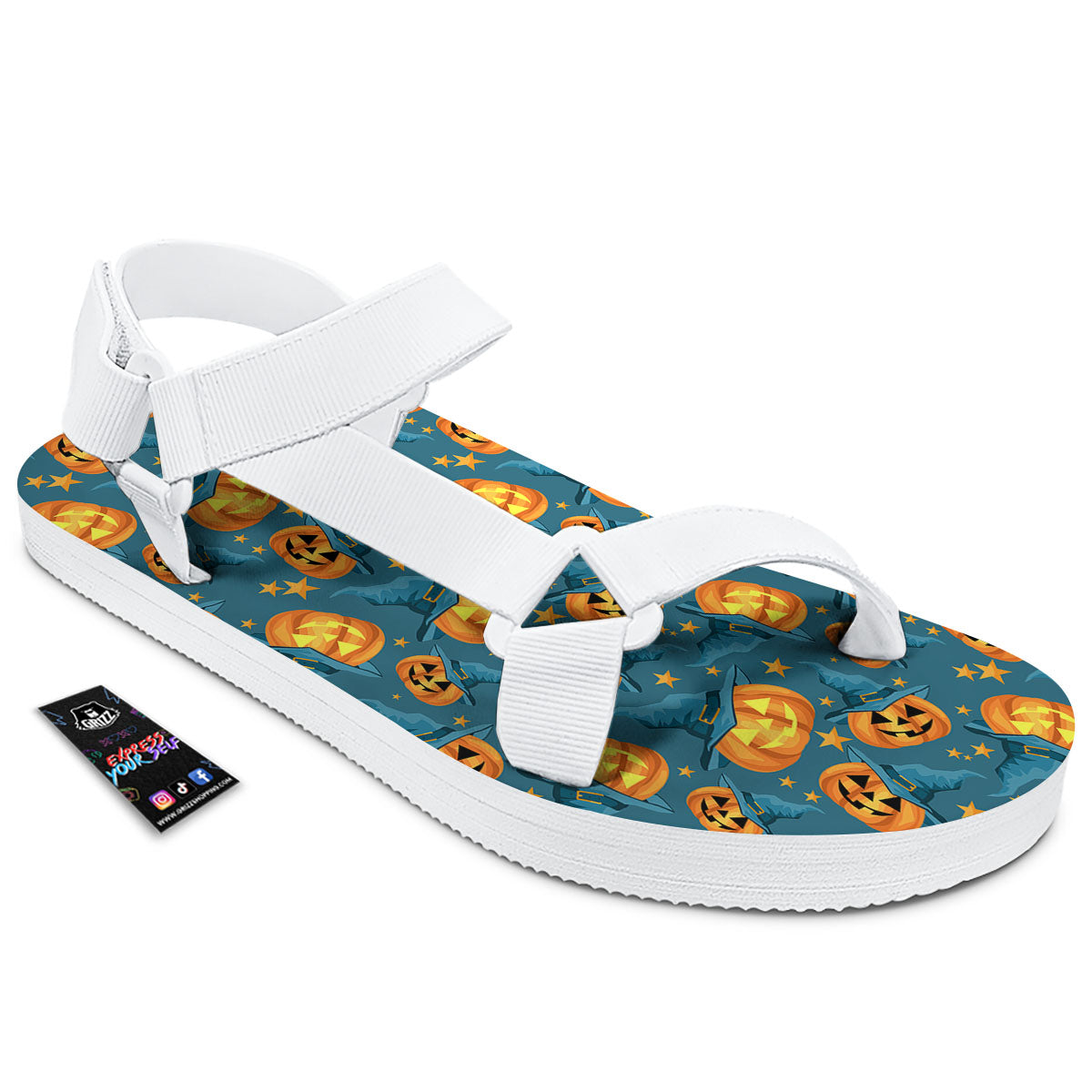 Witch Hat Pumpkin Print Pattern White Open Toe Sandals-grizzshop