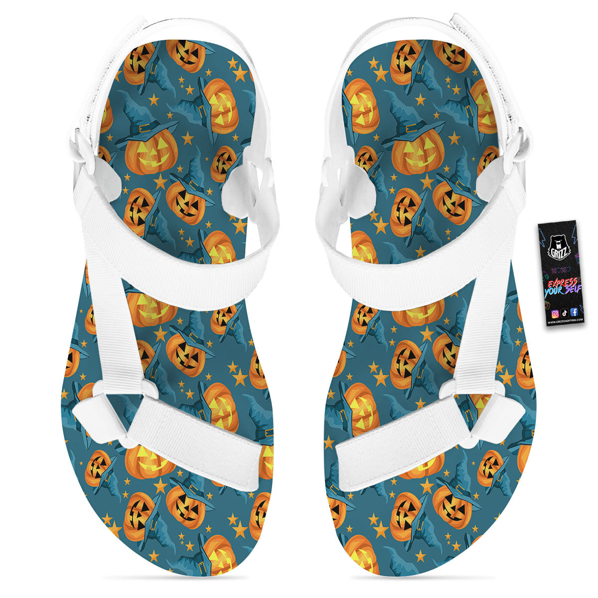 Witch Hat Pumpkin Print Pattern White Open Toe Sandals-grizzshop