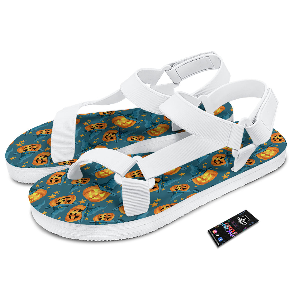 Witch Hat Pumpkin Print Pattern White Open Toe Sandals-grizzshop