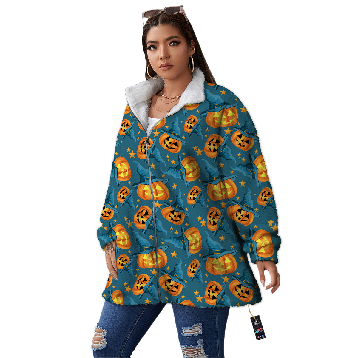 Witch Hat Pumpkin Print Pattern Women's Sherpa Jacket-grizzshop