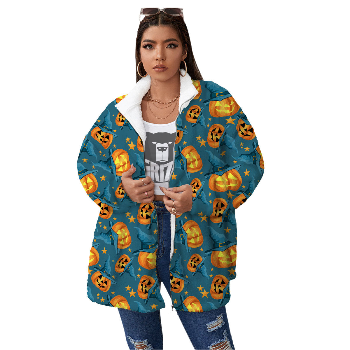 Witch Hat Pumpkin Print Pattern Women's Sherpa Jacket-grizzshop