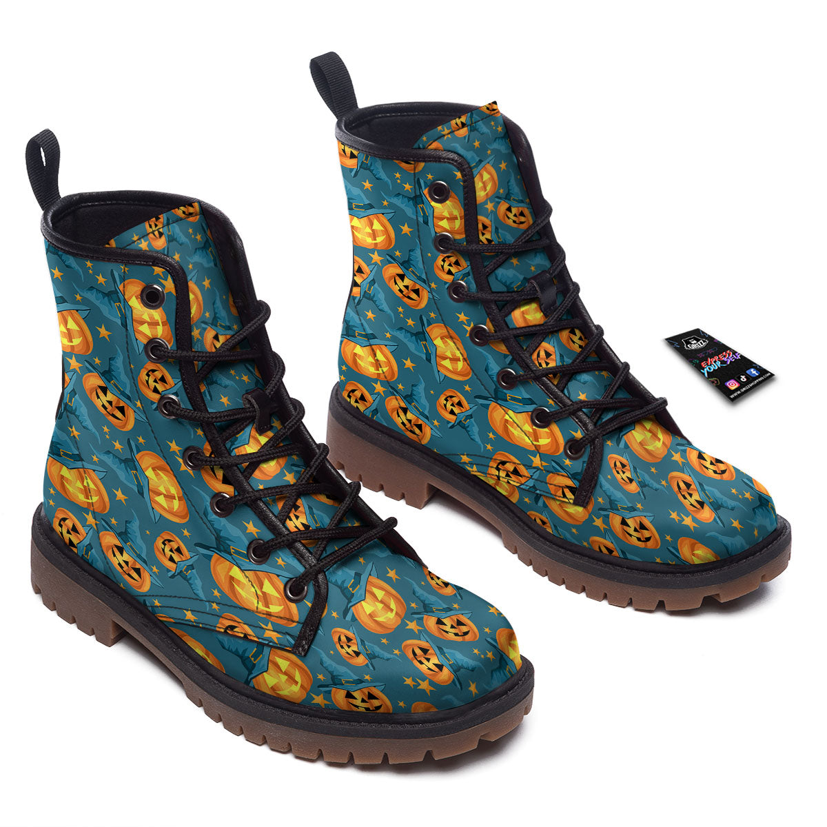 Witch Hat Pumpkin Print Pattern Work Boots-grizzshop