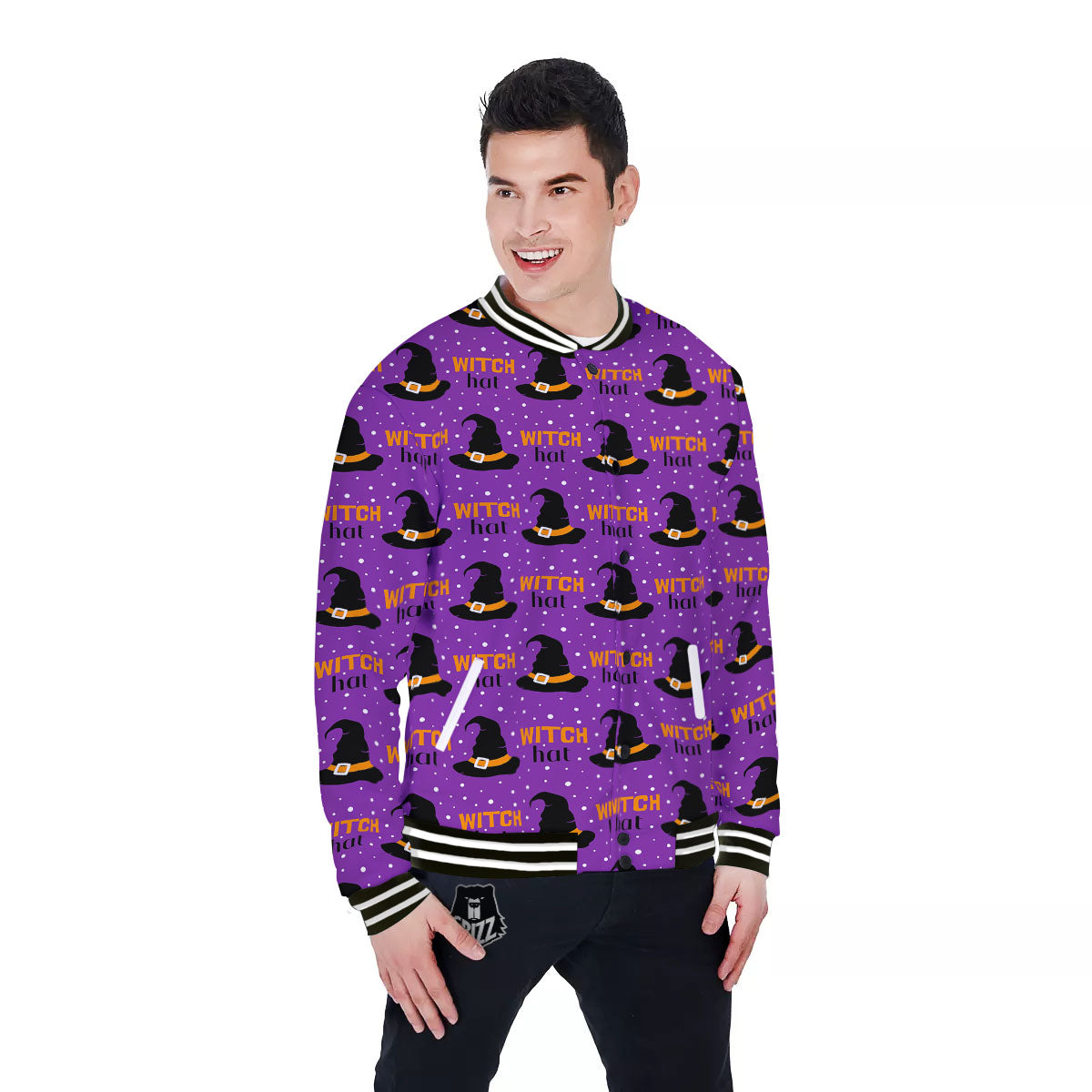 Witch Hat Purple Halloween Print Pattern Baseball Jacket-grizzshop
