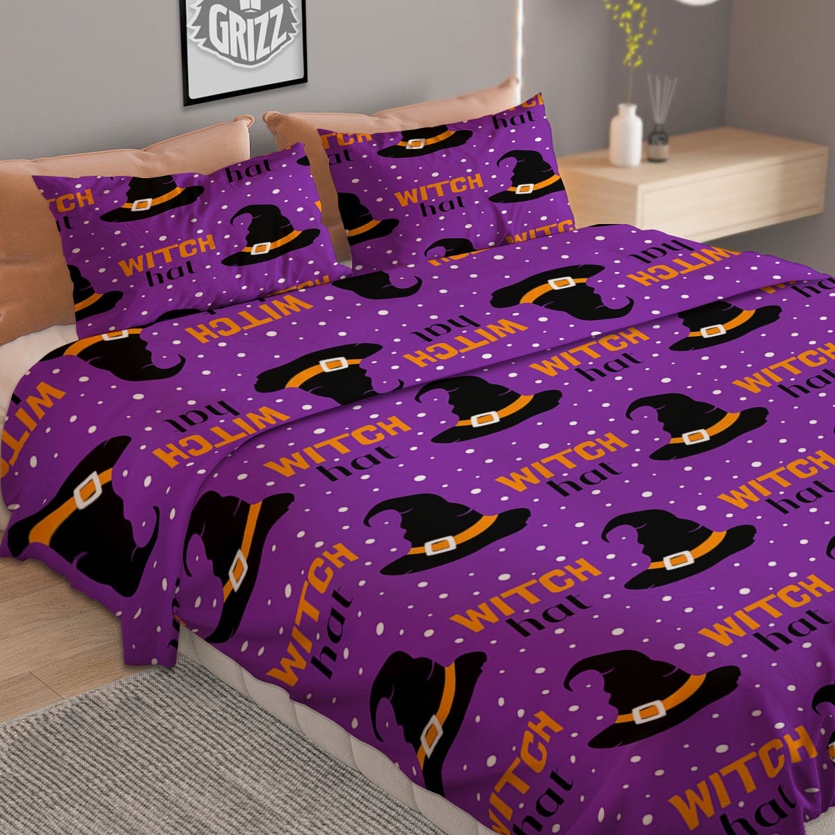 Witch Hat Purple Halloween Print Pattern Duvet Cover Bedding Set
