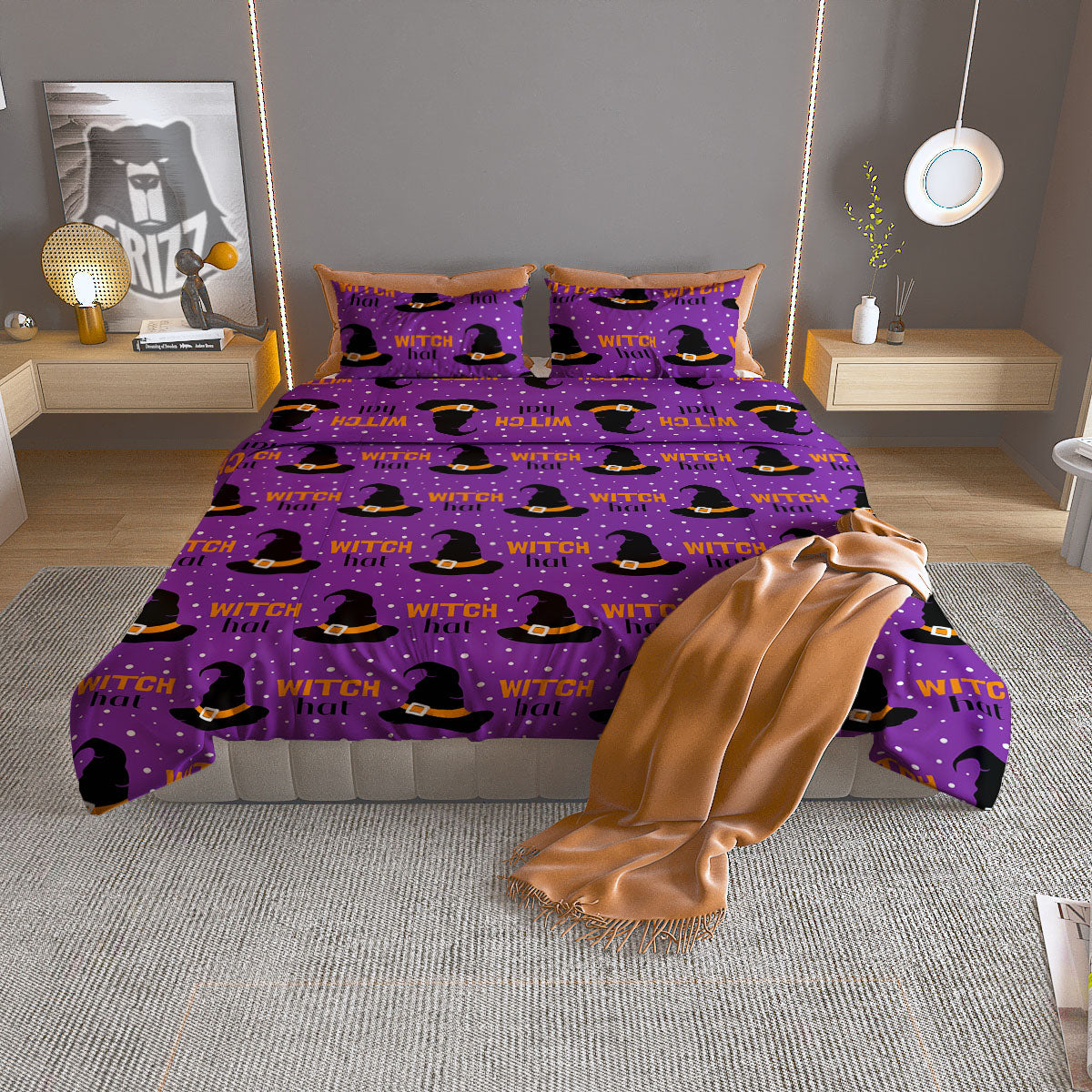 Witch Hat Purple Halloween Print Pattern Duvet Cover Bedding Set