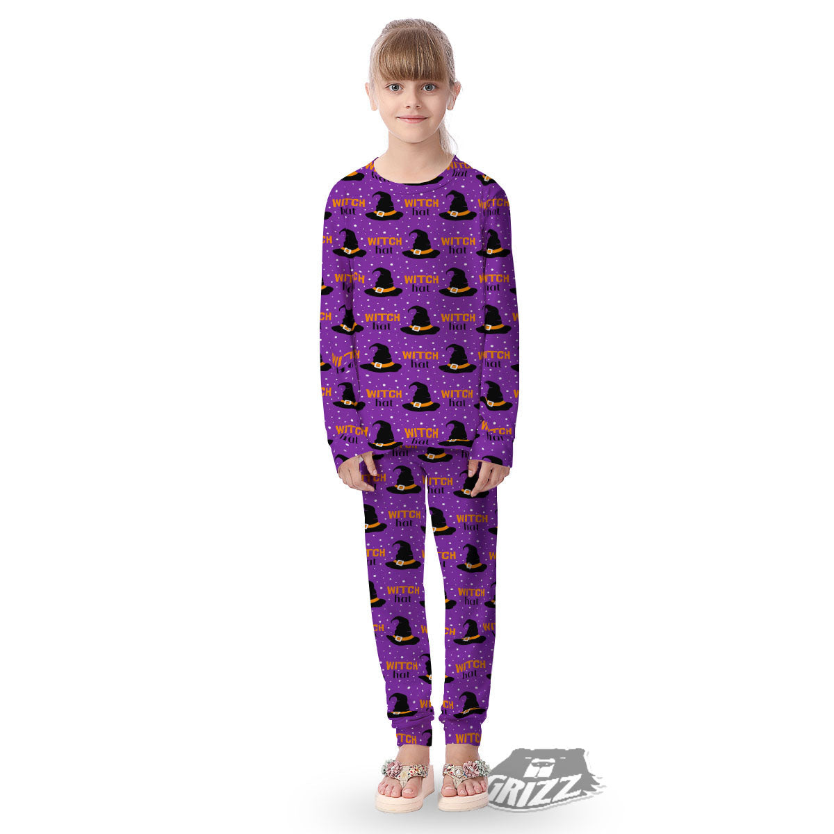 Witch Hat Purple Halloween Print Pattern Kid's Pajamas-grizzshop