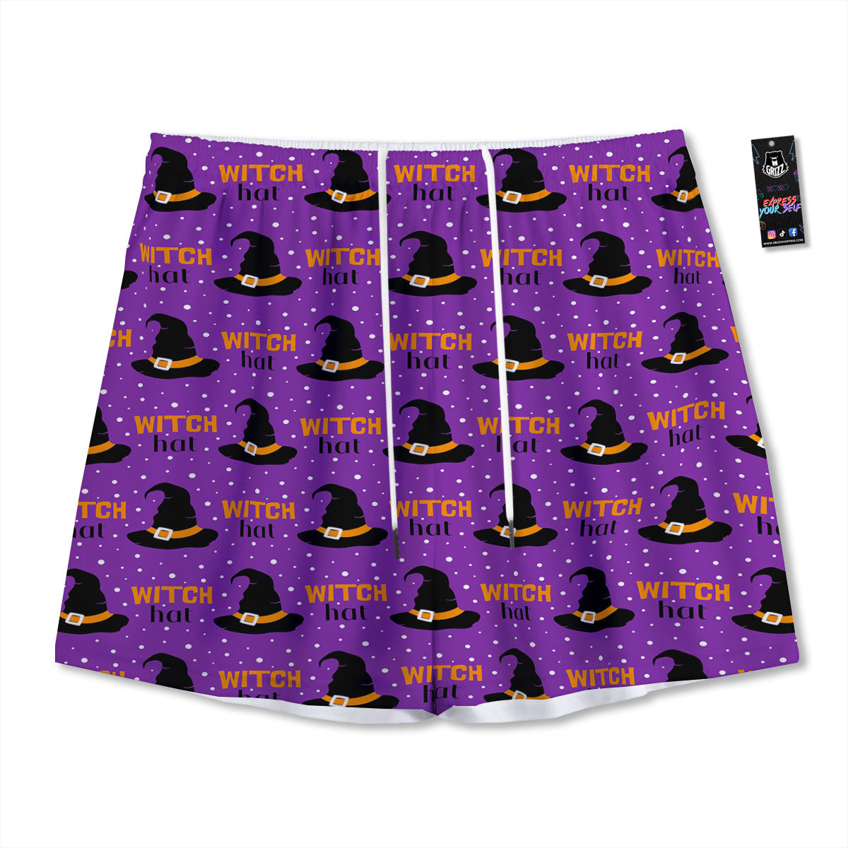 Witch Hat Purple Halloween Print Pattern Mesh Shorts