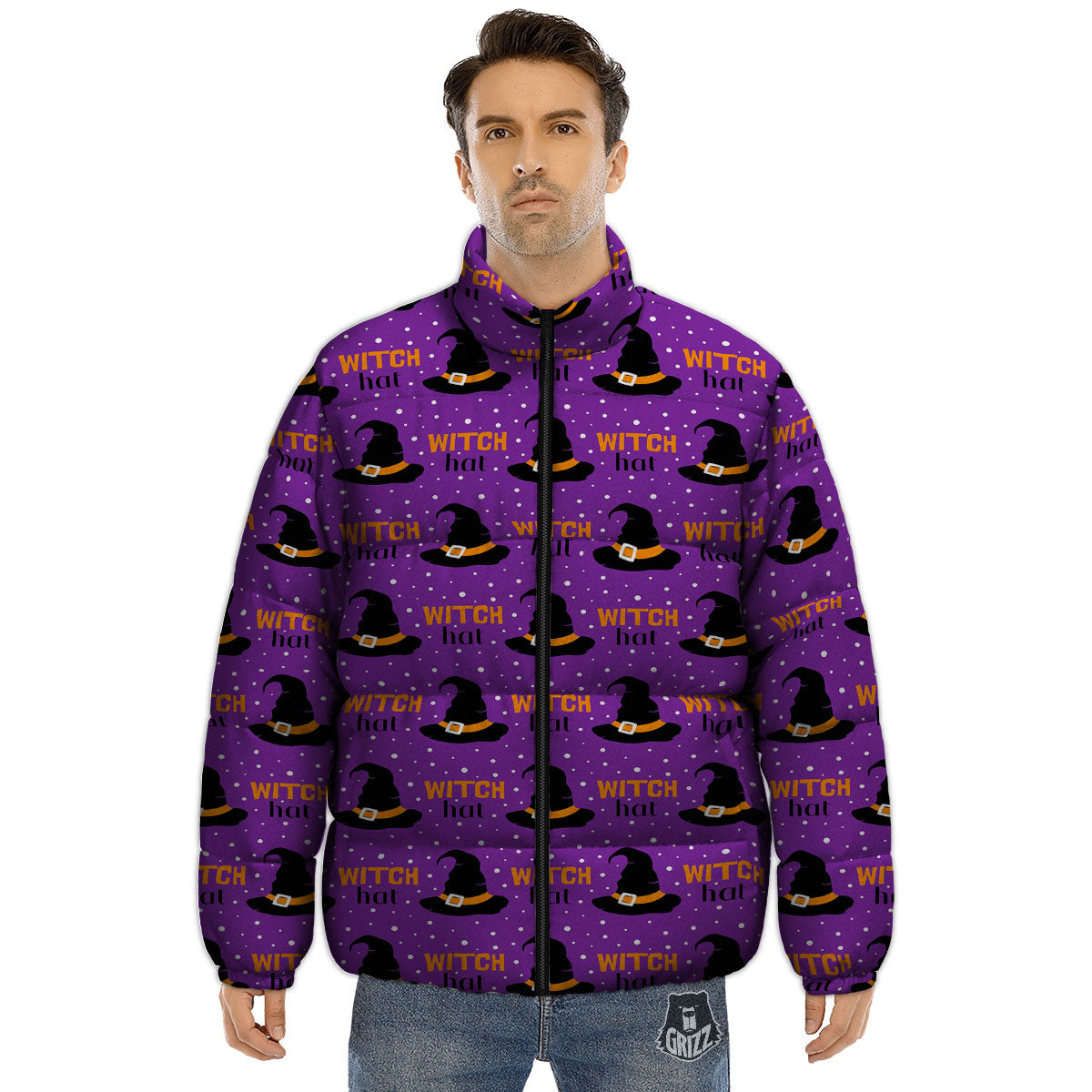 Witch Hat Purple Halloween Print Pattern Puffer Jacket-grizzshop
