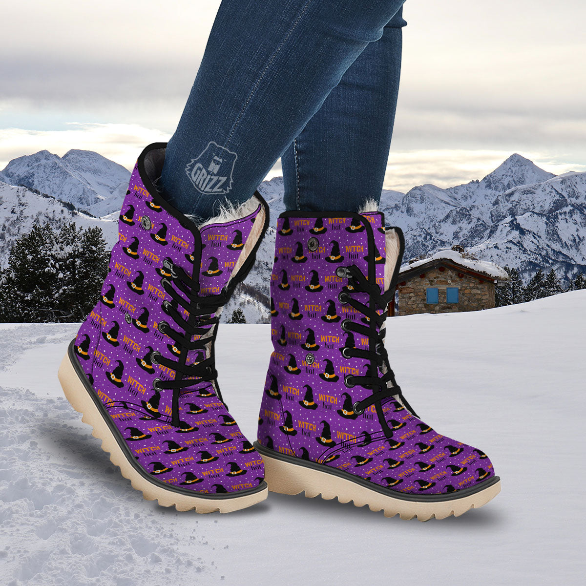 Witch Hat Purple Halloween Print Pattern Snow Boots-grizzshop