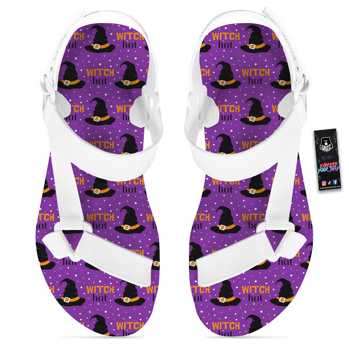 Witch Hat Purple Halloween Print Pattern White Open Toe Sandals-grizzshop