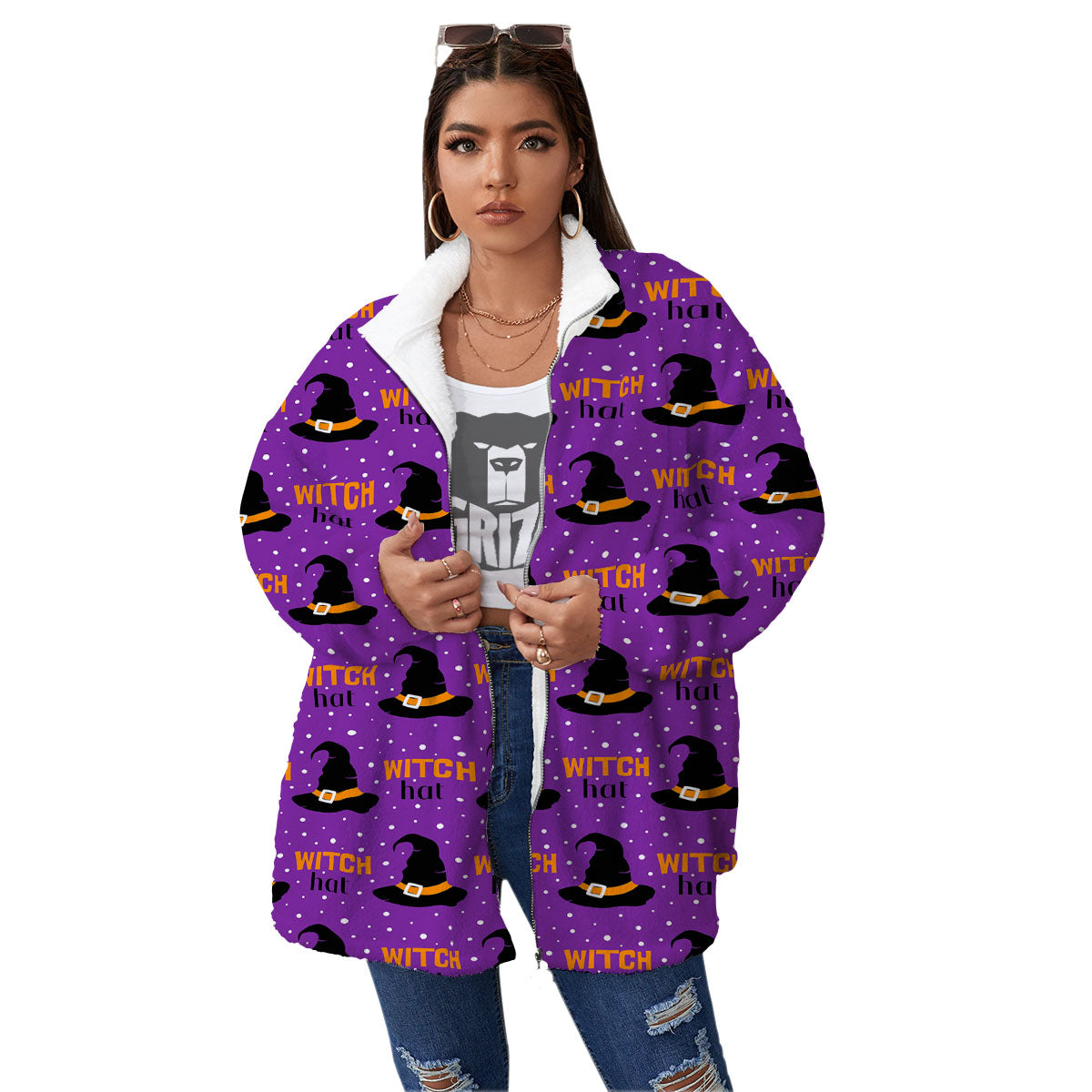 Witch Hat Purple Halloween Print Pattern Women's Sherpa Jacket-grizzshop