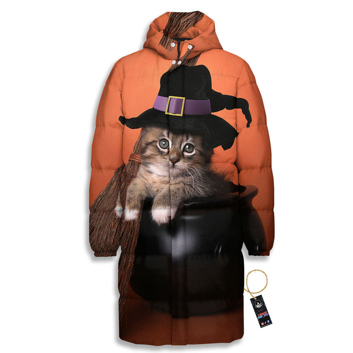Witch Cat Halloween Cute Print Long Down Jacket