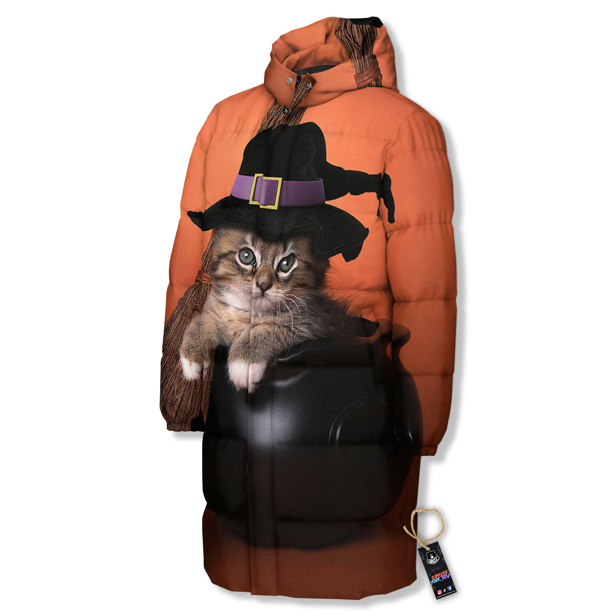 Witch Cat Halloween Cute Print Long Down Jacket