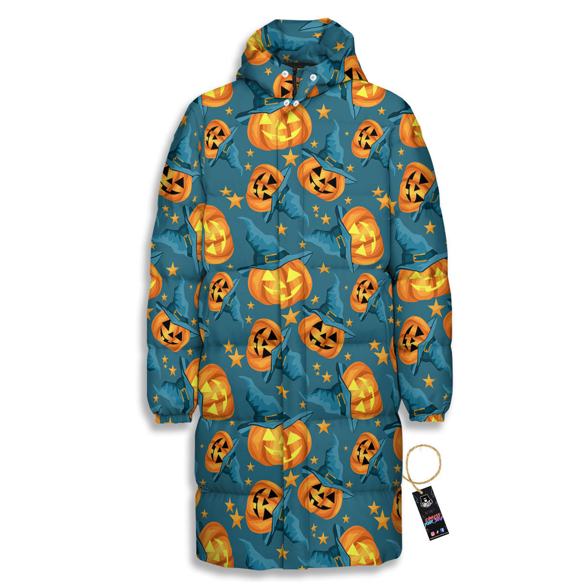 Witch Hat Pumpkin Print Pattern Long Down Jacket