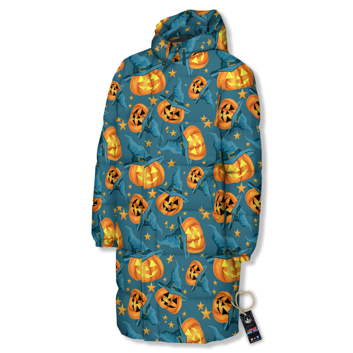 Witch Hat Pumpkin Print Pattern Long Down Jacket