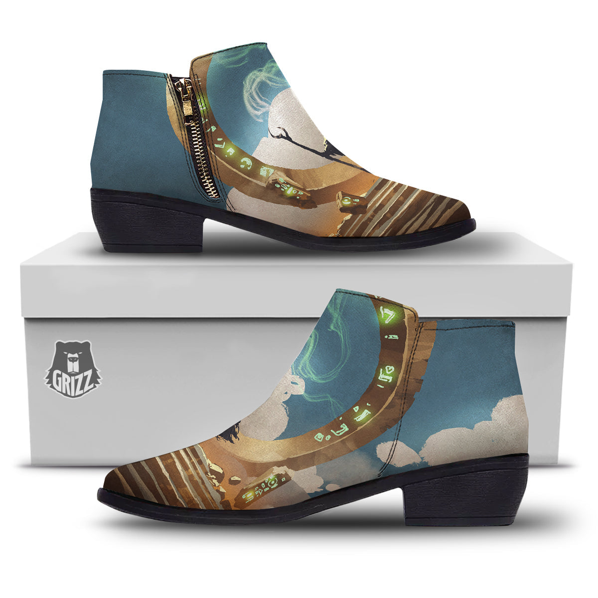 Wizard And Gate Print Ankle Boots-grizzshop