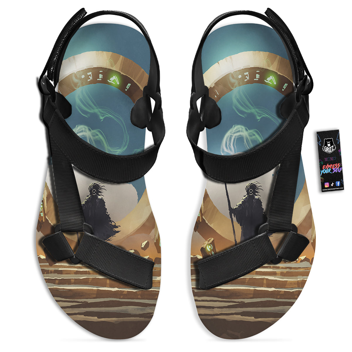 Wizard And Gate Print Black Open Toe Sandals-grizzshop