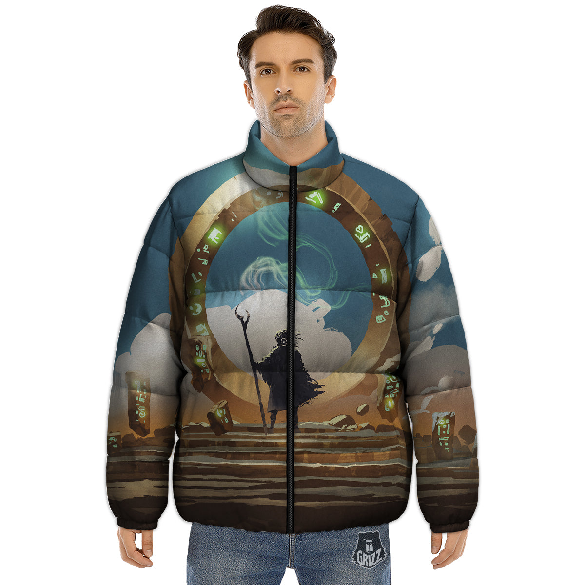 Wizard And Gate Print Puffer Jacket-grizzshop
