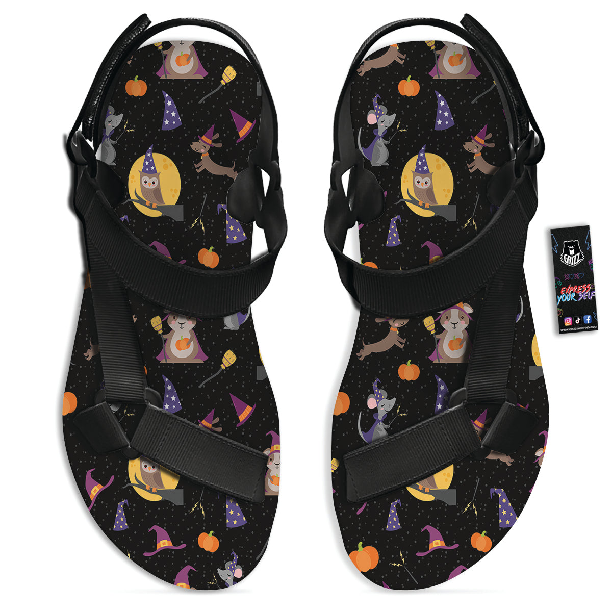 Wizard Animal Print Pattern Black Open Toe Sandals-grizzshop