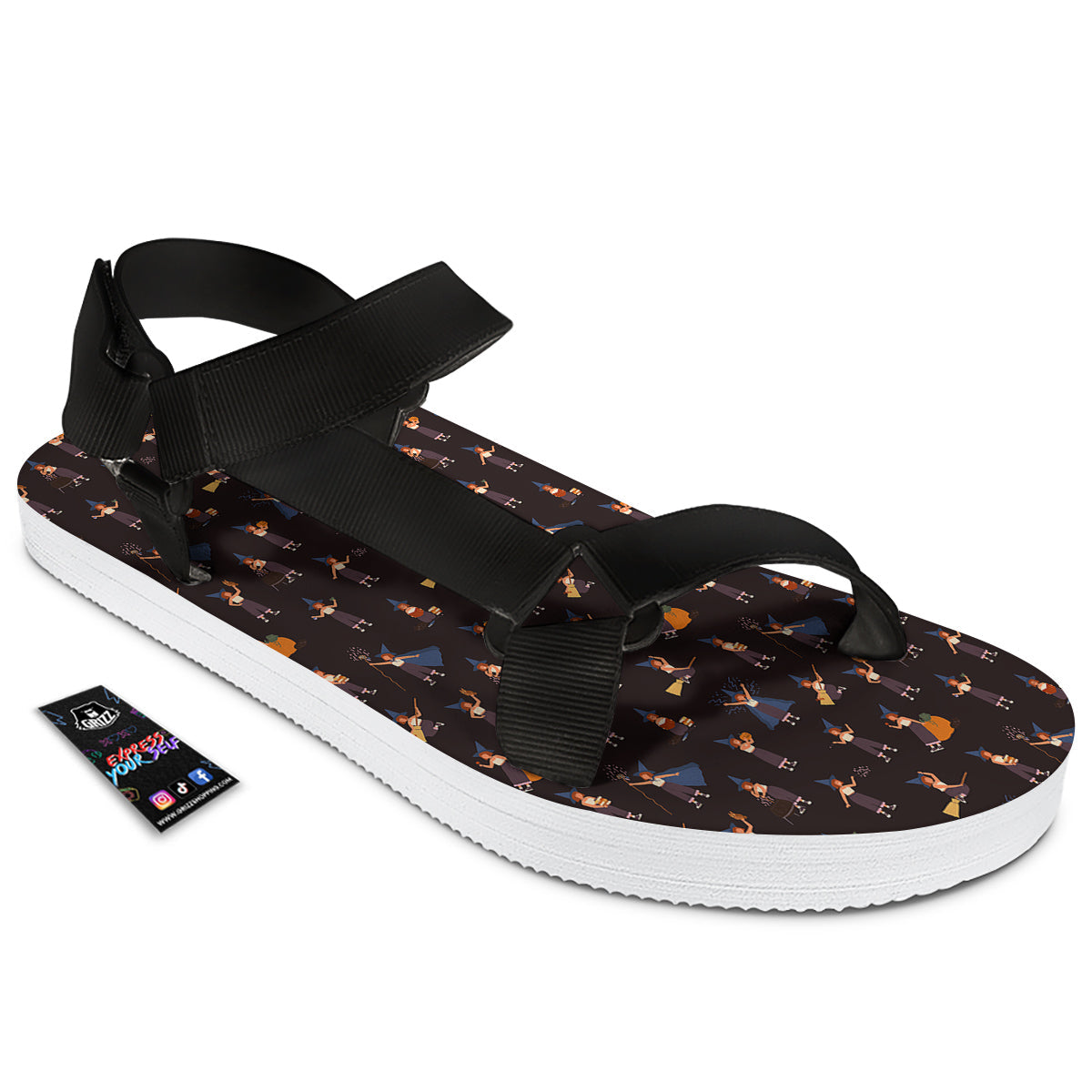 Wizard Cute Print Pattern Black Open Toe Sandals-grizzshop