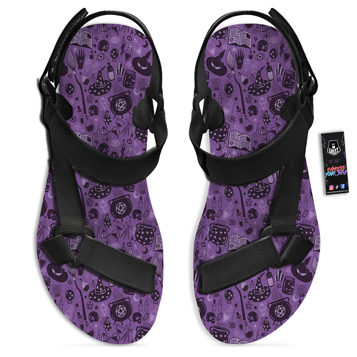 Wizard Magic Print Pattern Black Open Toe Sandals-grizzshop
