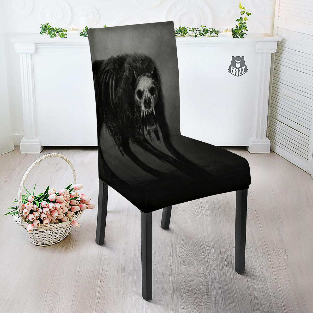 Wolf Black Demon Print Dining Chair Slipcover-grizzshop