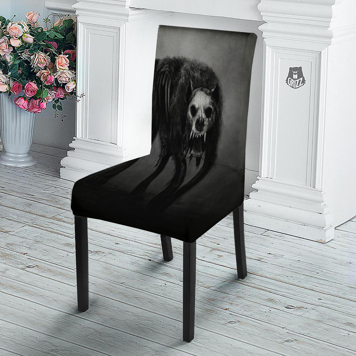 Wolf Black Demon Print Dining Chair Slipcover-grizzshop