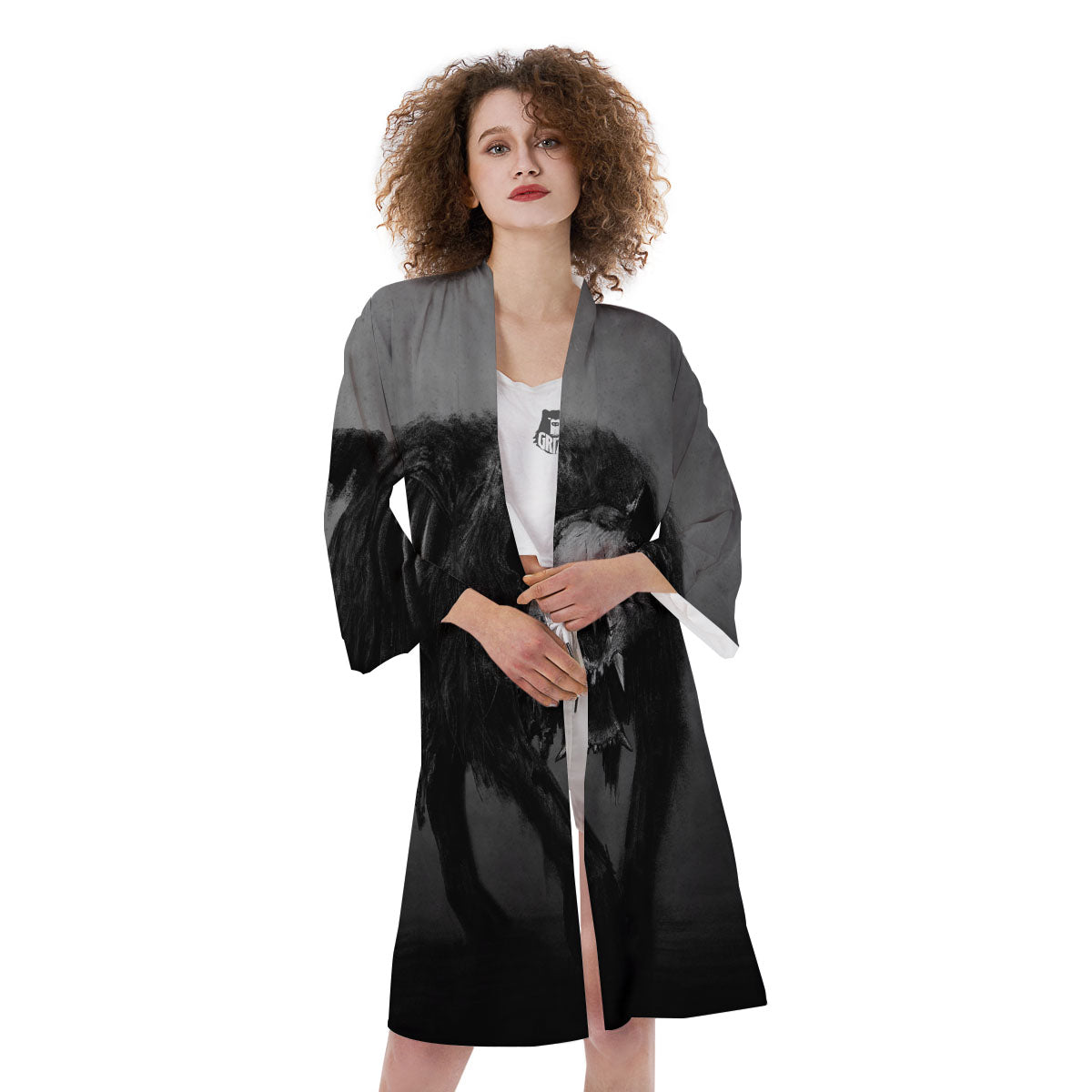 Wolf Black Demon Print Kimono-grizzshop