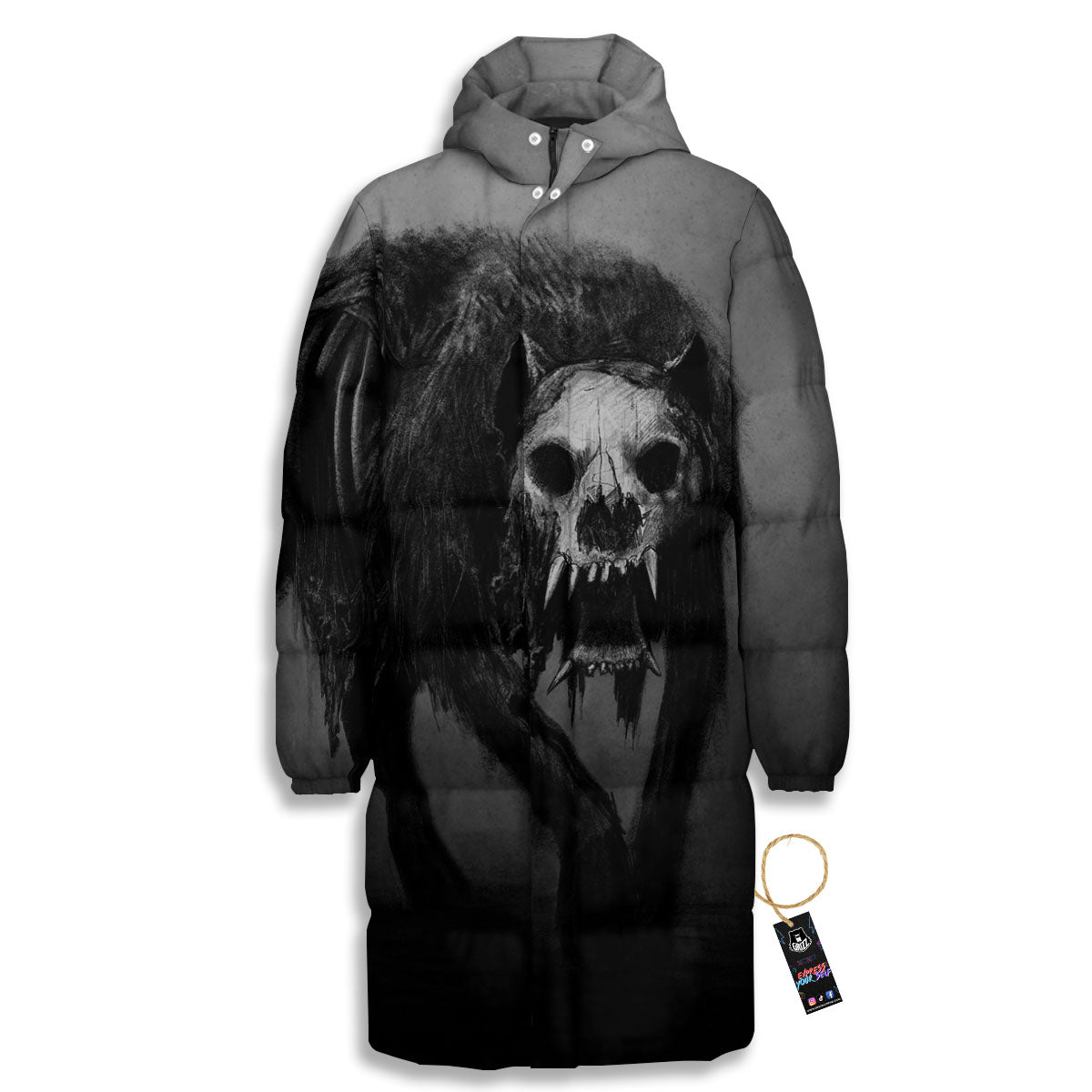 Wolf Black Demon Print Long Down Jacket-grizzshop