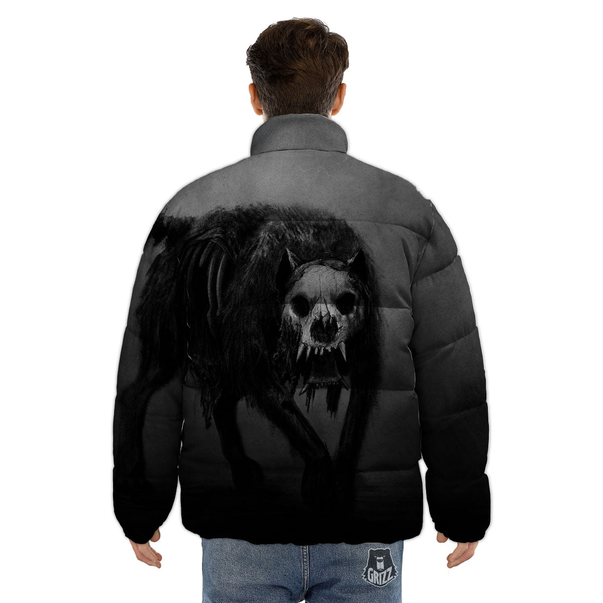 Wolf Black Demon Print Puffer Jacket-grizzshop