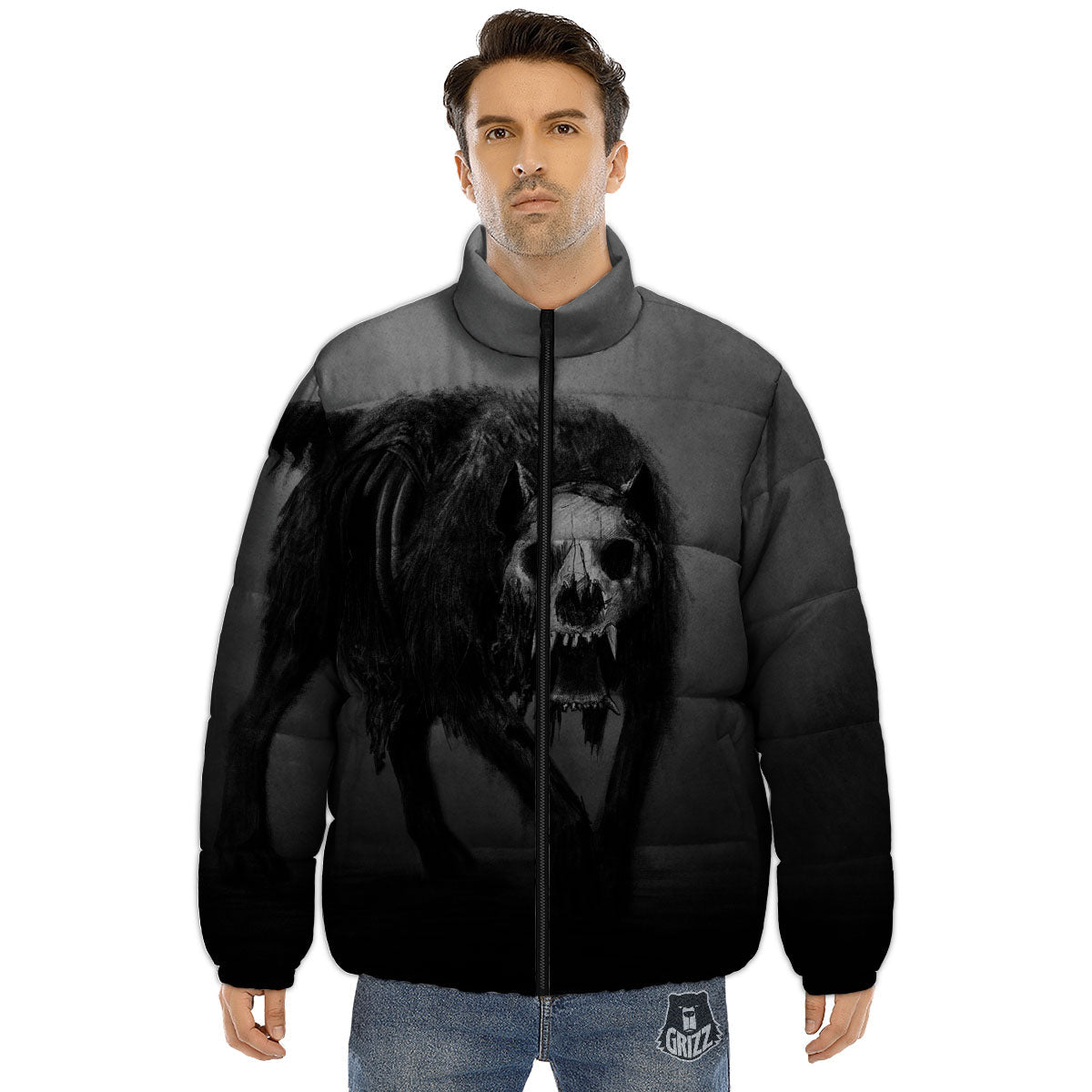 Wolf Black Demon Print Puffer Jacket-grizzshop
