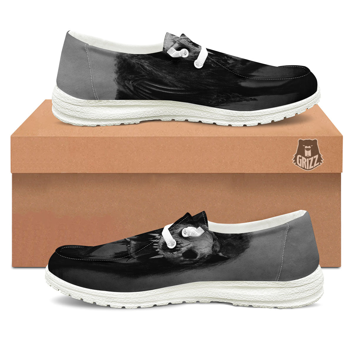 Wolf Black Demon Print White Loafers-grizzshop