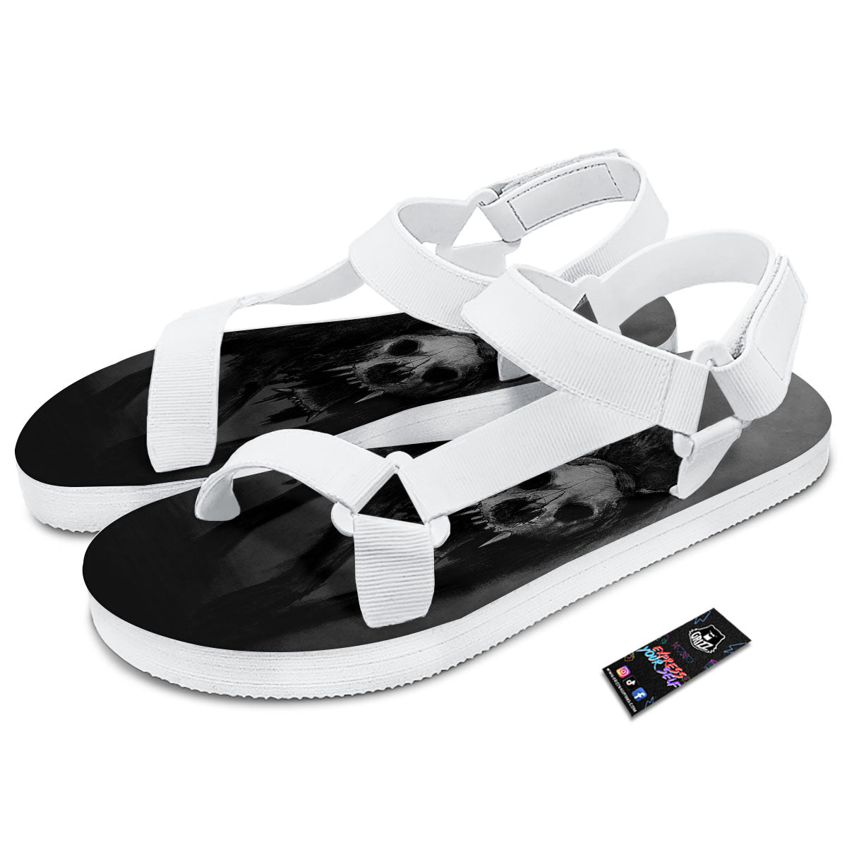 Wolf Black Demon Print White Open Toe Sandals-grizzshop