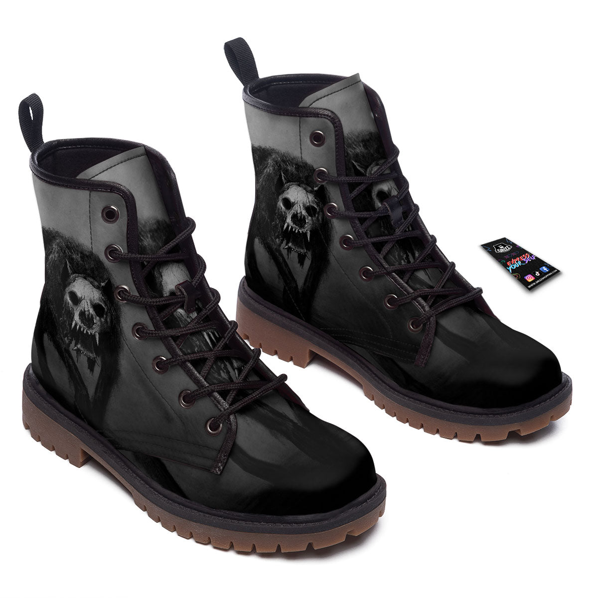 Wolf Black Demon Print Work Boots-grizzshop