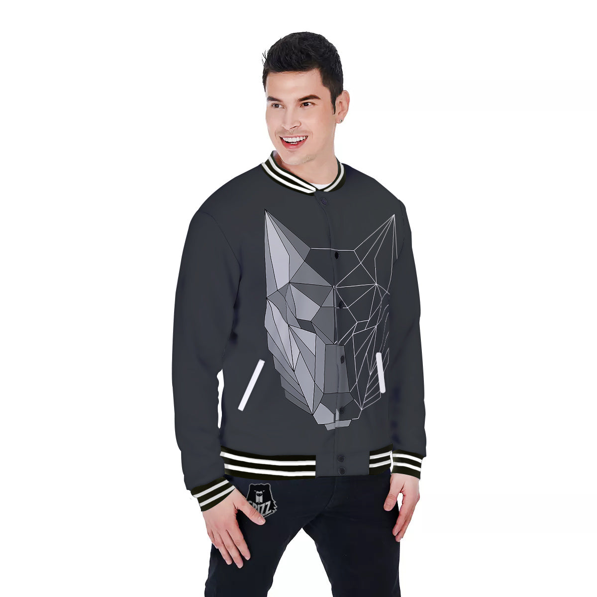 Wolf Geometric Dark Print Baseball Jacket-grizzshop