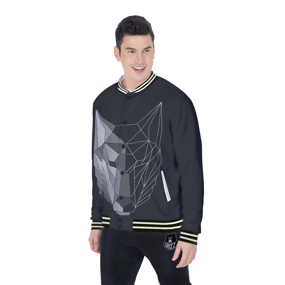 Wolf Geometric Dark Print Baseball Jacket-grizzshop