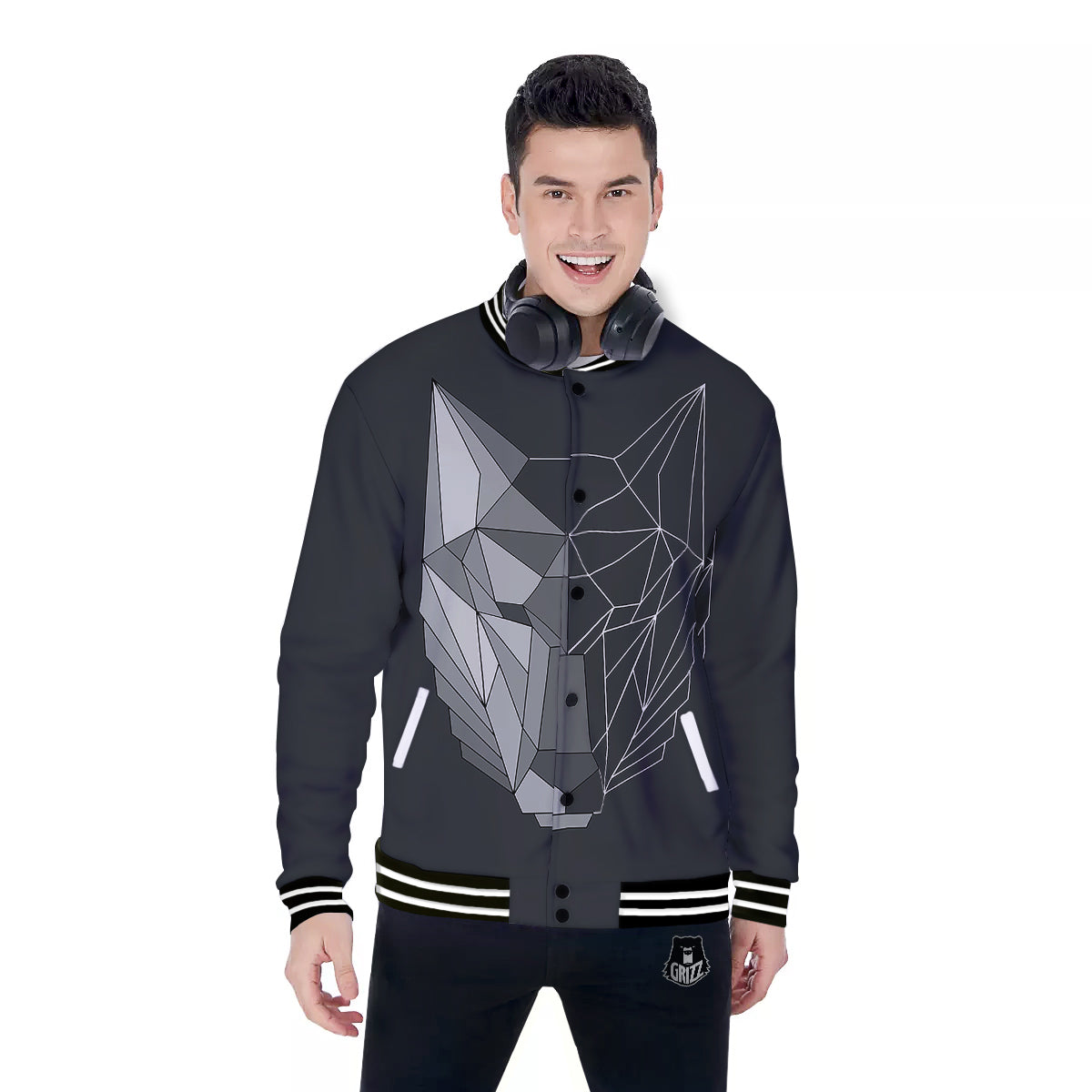 Wolf Geometric Dark Print Baseball Jacket-grizzshop