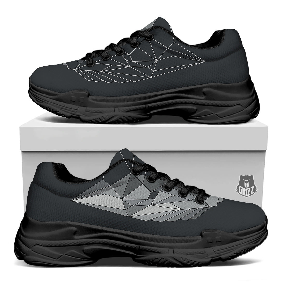 Wolf Geometric Dark Print Black Chunky Shoes-grizzshop