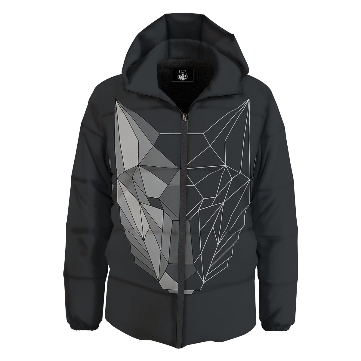 Wolf Geometric Dark Print Down Jacket-grizzshop