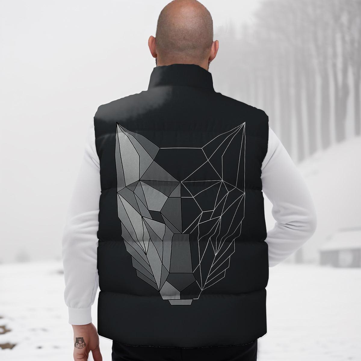 Wolf Geometric Dark Print Down Vest-grizzshop